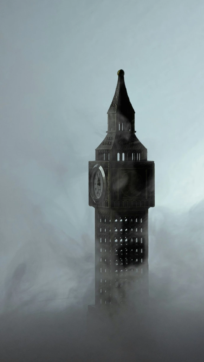 a clock tower in the middle of a foggy sky